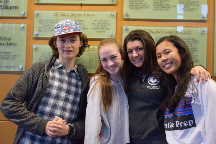 Grace Cooney and Seniors Henry Hazzard, Julia Ribas and Noelle Whitman. Cooney has found a welcoming Senior Class at Seattle Prep.