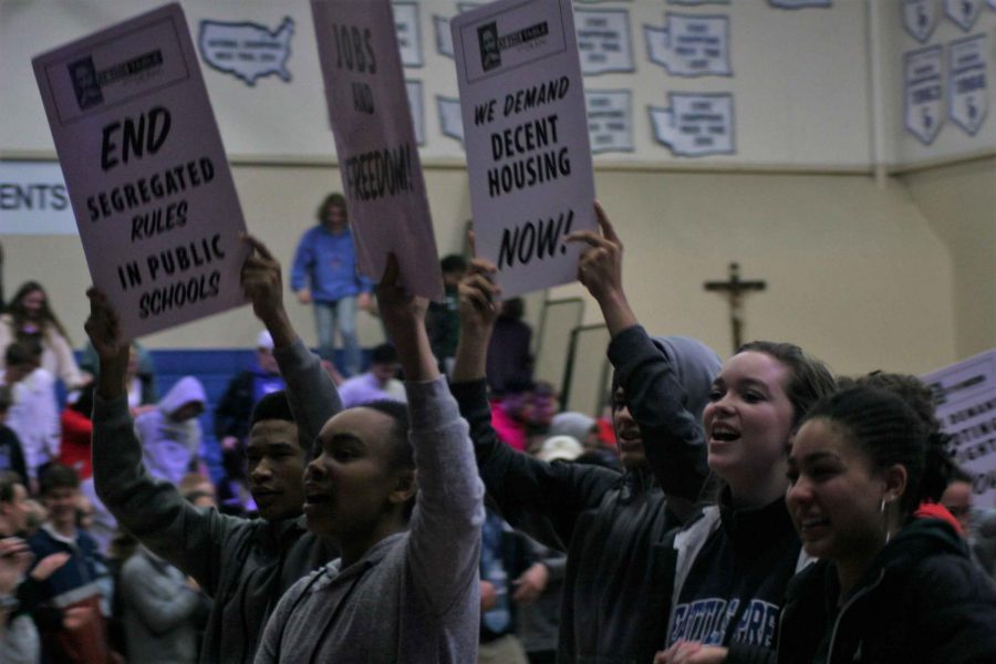 Students+stage+a+mock+protest+during+the+Martin+Luther+King+Jr.+Assembly.+The+assembly+was+planned+by+the+Seattle+Prep+Black+Student+Union.