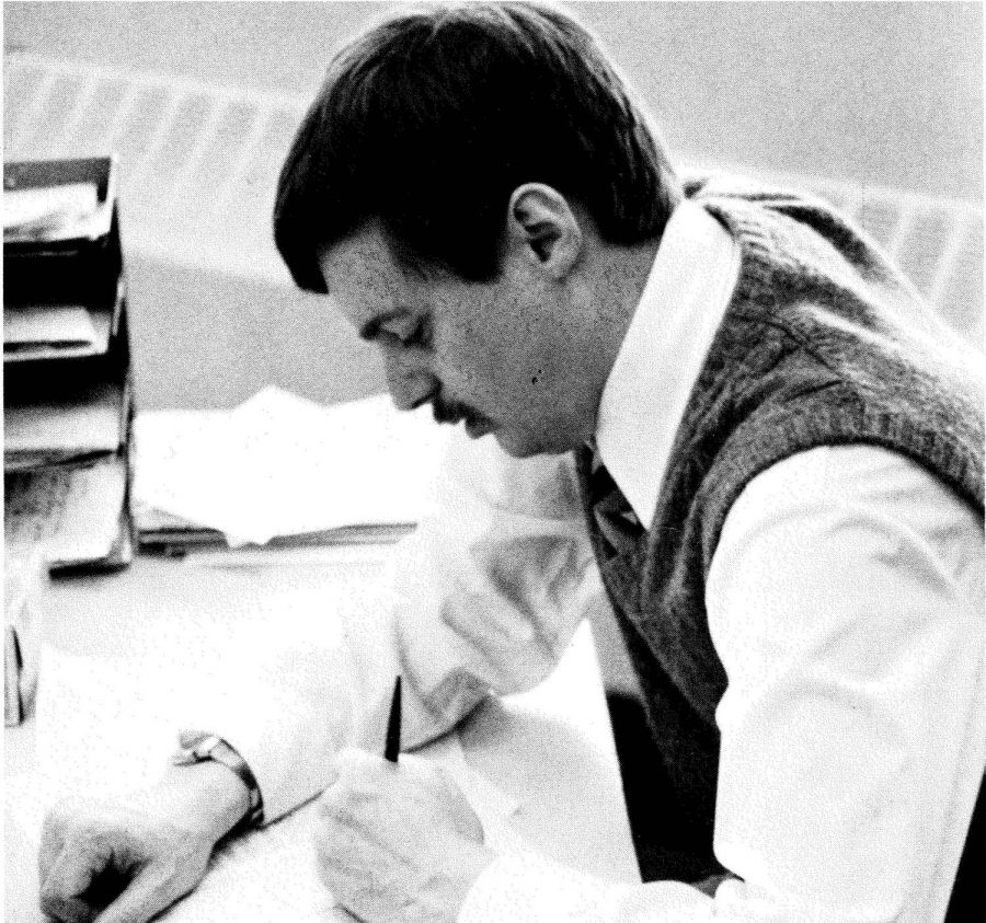 Mr. Hardy, grading papers in 1986, his first year at Seattle Prep.