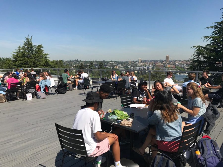 The+1891+Terrace+is+a+popular+place+for+students+to+eat+their+lunches.+The+highly+anticipated+patio+on+the+top+floor+of+Adelphia+Memorial+Hall+opened+in+May+for+upperclassmen+and+faculty.