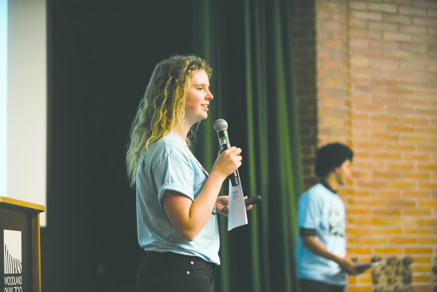 Kopf-Patterson speaks to a group about environmental conservation and animals. She often works to enlighten others on the plights within the environment.