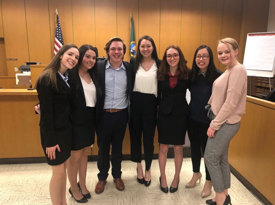 Members of the Seattle Prep Mock Trial team at the State Competition in Olympia. The team placed second in state this year.