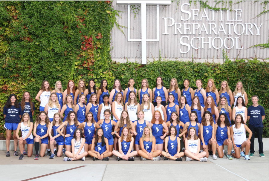 The Seattle Prep Girls Cross Country Team. Longtime Boys Cross Country Coach Ben Sauvage returned to Prep this year to coach the Girls team.