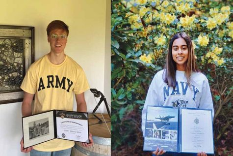 Cooper Klein ‘20 (left) and Maya Ghali ‘20 (right) hold up their acceptance packets of their respective service academies
while wearing their school’s merchandise to show their school pride.