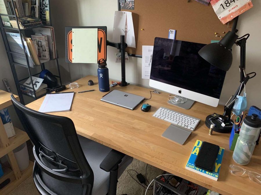 Senior Derek Hissong has organized his home study space to maximize productivity and minimize distractions.