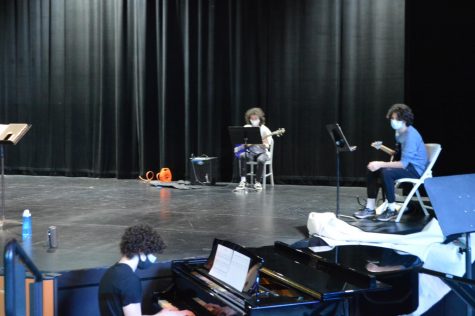 Seattle Prep Jazz band rehearses in a socially distanced format in the theater.