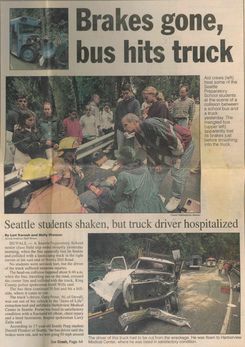 A photo of the great Seattle Prep bus crash of 1996. This photo originally appeared in the Journal American Newspaper.