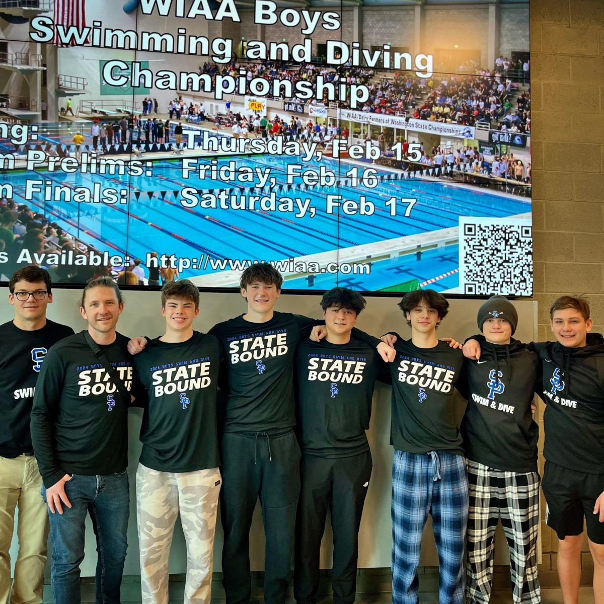The Boys Swim team poses for a picture after the State Championship. (2/17/24)