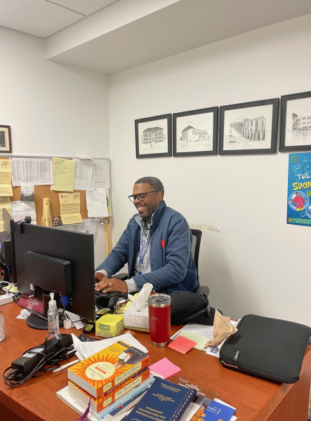 Mr. Damien James in his office on the 3rd floor of AMH. James joined Seattle Prep this year as the Director of Facilities and Operations. He will take over the position permanently in June.