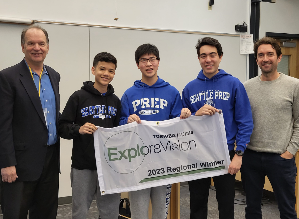 Seniors Jace Baptista-Allen, Marcus Yeung, and Daniel Soto Parra (Left to right) celebrate their award for their idea to combat cancer for ExploraVision.