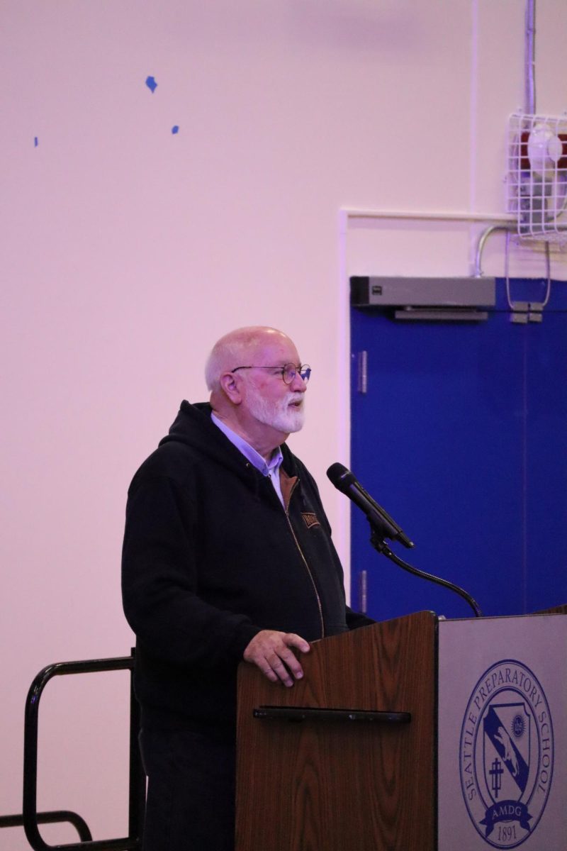Father Greg Boyle speaking at the Peace and Justice Assembly on March 26, 2025